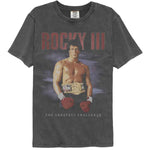 Vintage black Rocky III T-shirt featuring Sylvester Stallone as Rocky Balboa wearing a championship belt with “The Greatest Challenge” text