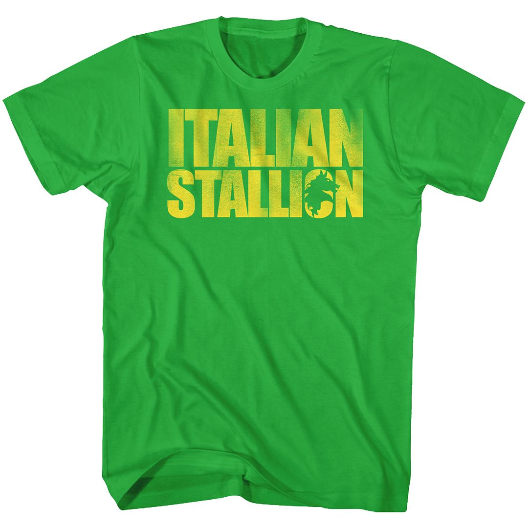 Green Rocky T-shirt featuring bold yellow “Italian Stallion” text with a stallion silhouette inside the lettering