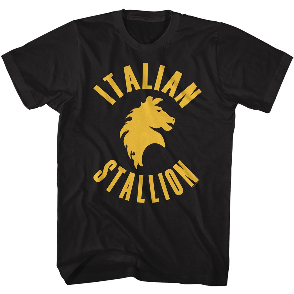 Black T-shirt featuring a bold yellow horse head logo with the text “Italian Stallion” inspired by Rocky Balboa.