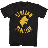 Black T-shirt featuring a bold yellow horse head logo with the text “Italian Stallion” inspired by Rocky Balboa.