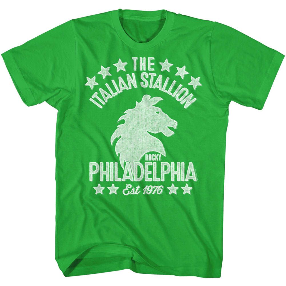 Green Rocky T-shirt featuring The Italian Stallion Philadelphia Est 1976 graphic with horse silhouette