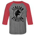 Grey and red raglan T-shirt featuring a distressed black “Italian Stallion” logo from Rocky with a horse head and steam design.