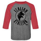 Grey and red raglan T-shirt featuring a distressed black “Italian Stallion” logo from Rocky with a horse head and steam design.