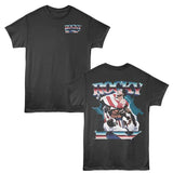 Black double-sided T-shirt featuring Rocky Balboa draped in the American flag with “Rocky IV” logo on front and back.