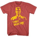 Red heather T-shirt featuring Ivan Drago from Rocky IV with the quote “I Must Break You” in bold yellow text.