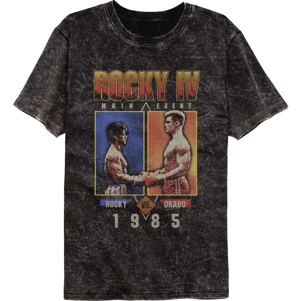 Black mineral wash T-shirt featuring artwork of Rocky Balboa and Ivan Drago facing off with “Rocky IV Main Event 1985” text.