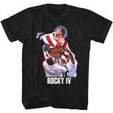 Black Rocky IV T-shirt featuring Rocky Balboa celebrating victory wrapped in the American flag with “Rocky IV” text below.