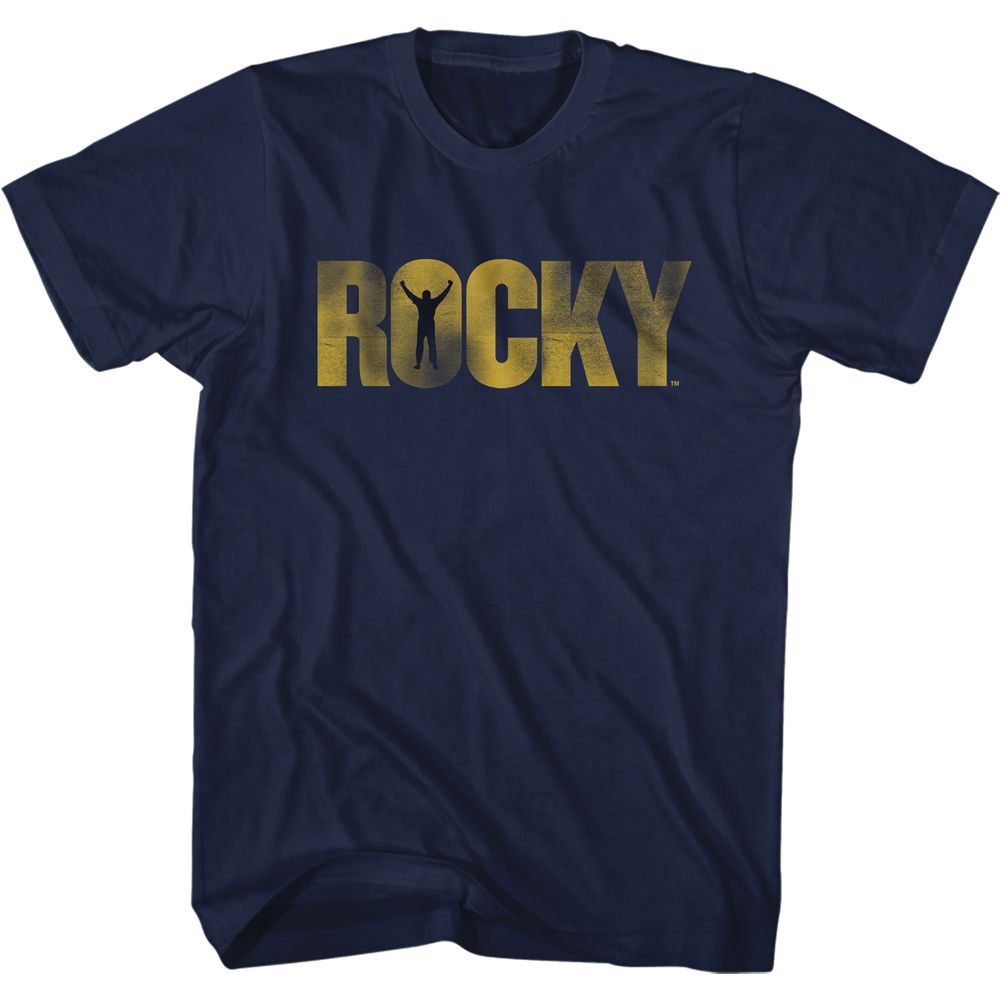 Navy blue T-shirt featuring the Rocky logo in gold lettering with a silhouette of Rocky Balboa raising his arms in victory.
