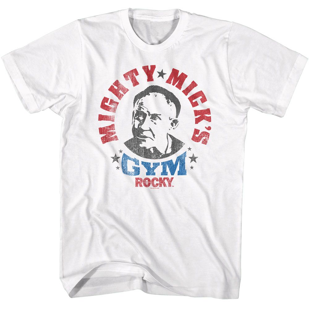 White Rocky T-shirt featuring a vintage-style Mighty Mick’s Gym logo with Mick’s portrait in red, white, and blue.