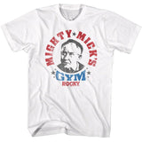 White Rocky T-shirt featuring a vintage-style Mighty Mick’s Gym logo with Mick’s portrait in red, white, and blue.
