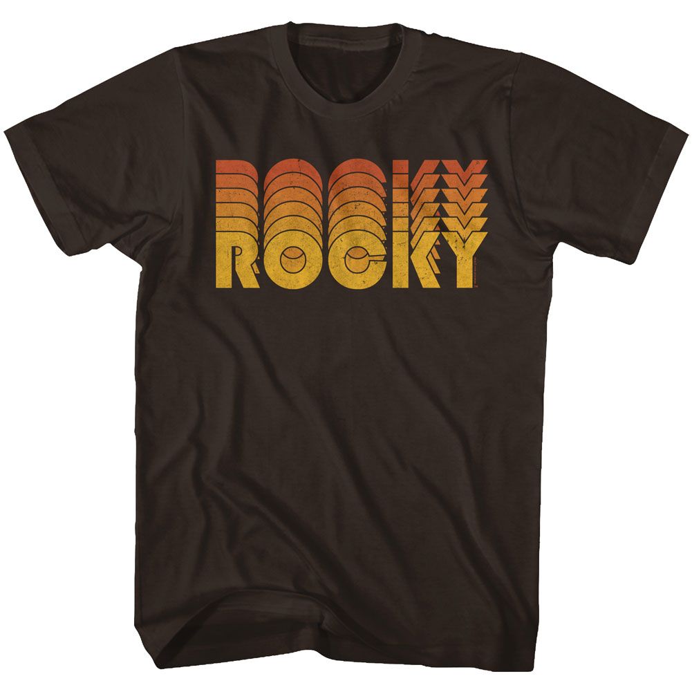 Brown T-shirt with a retro-style orange and yellow “Rocky” logo inspired by the 1976 boxing movie.