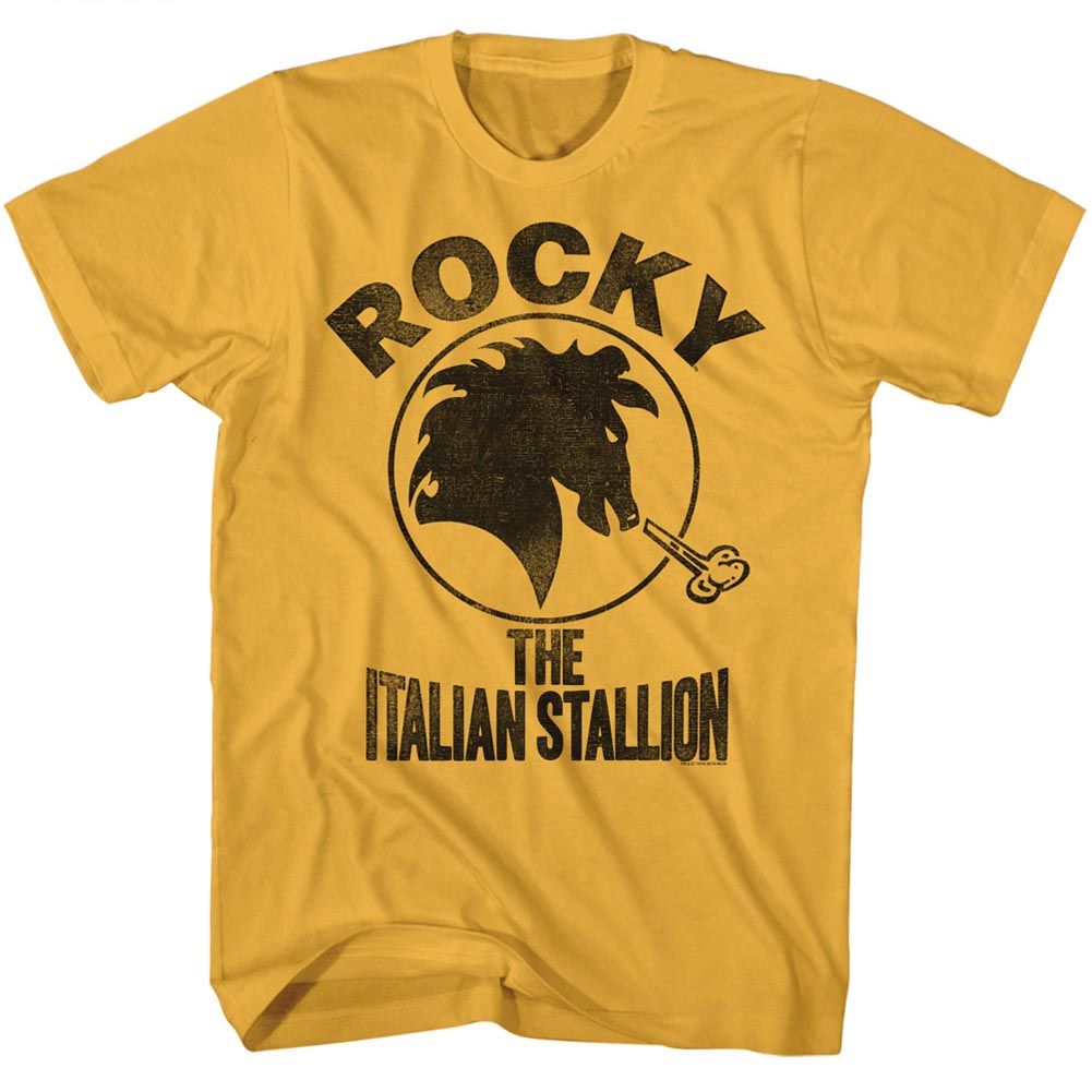 Yellow T-shirt featuring a distressed black horse head logo with the text “Rocky The Italian Stallion.”