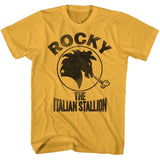 Yellow T-shirt featuring a distressed black horse head logo with the text “Rocky The Italian Stallion.”