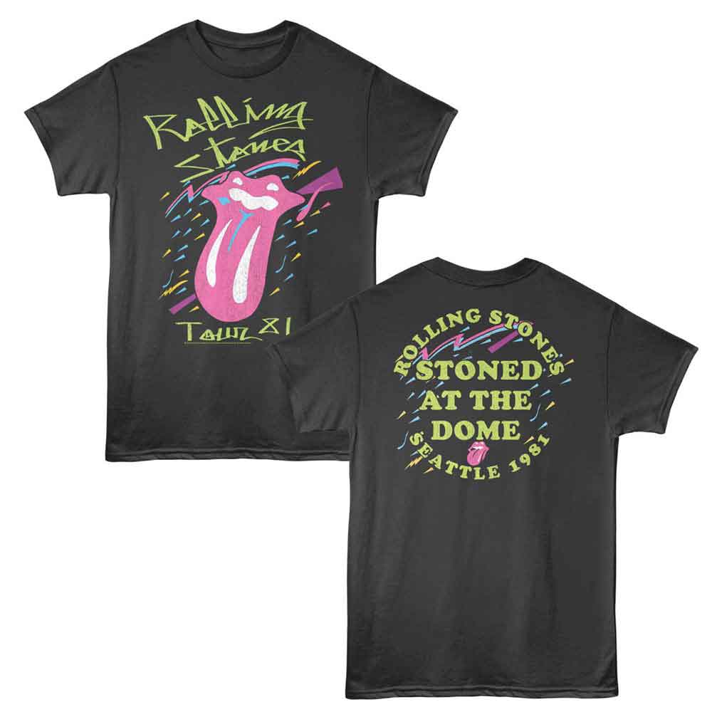 Black Rolling Stones 1981 Seattle Kingdome tour T-shirt with neon tongue logo and back concert print