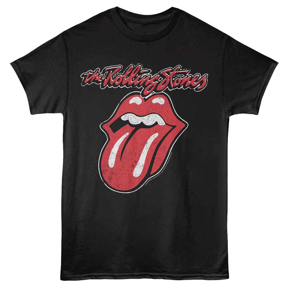 Black T-shirt featuring The Rolling Stones classic red tongue logo with distressed vintage texture.