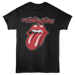 Black T-shirt featuring The Rolling Stones classic red tongue logo with distressed vintage texture.