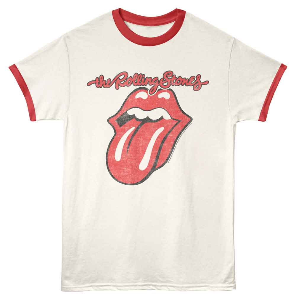 Officially licensed Rolling Stones ringer t-shirt featuring the iconic tongue and lips logo in distressed vintage style