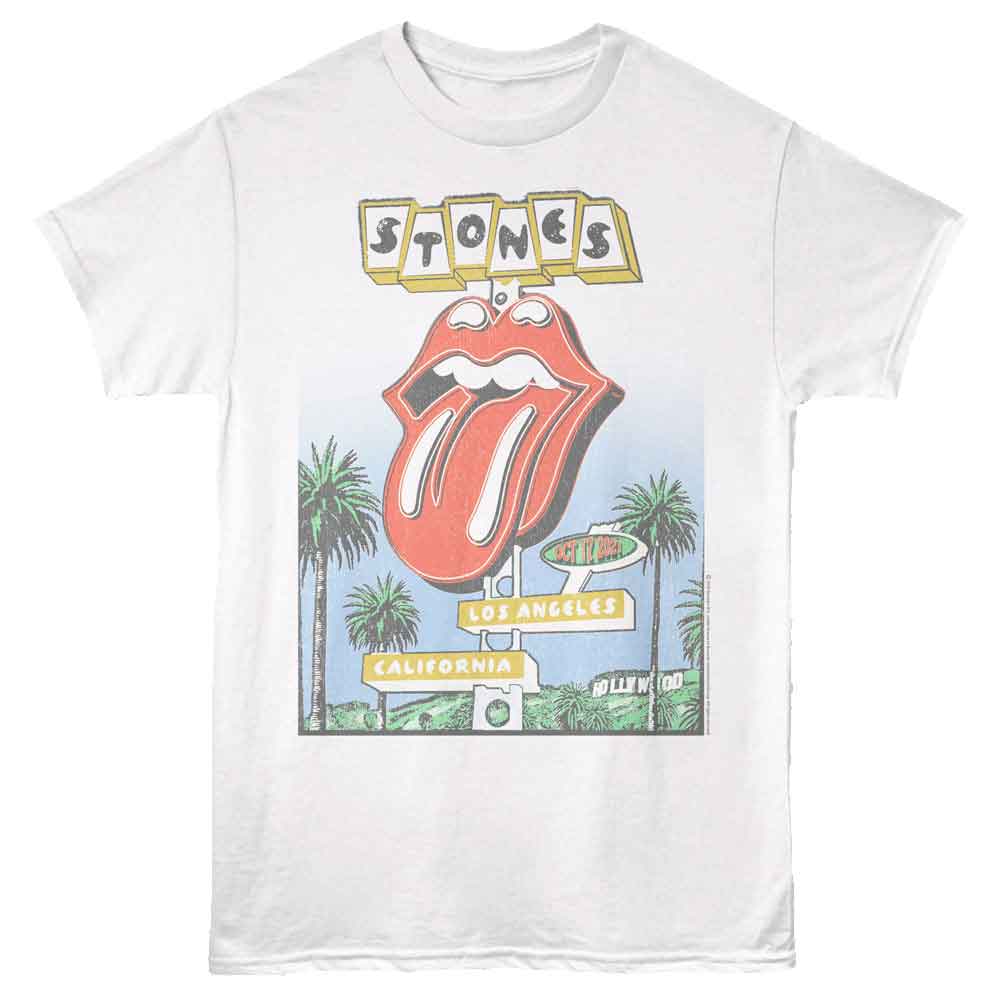 White Rolling Stones Los Angeles California T-shirt featuring tongue logo and palm trees
