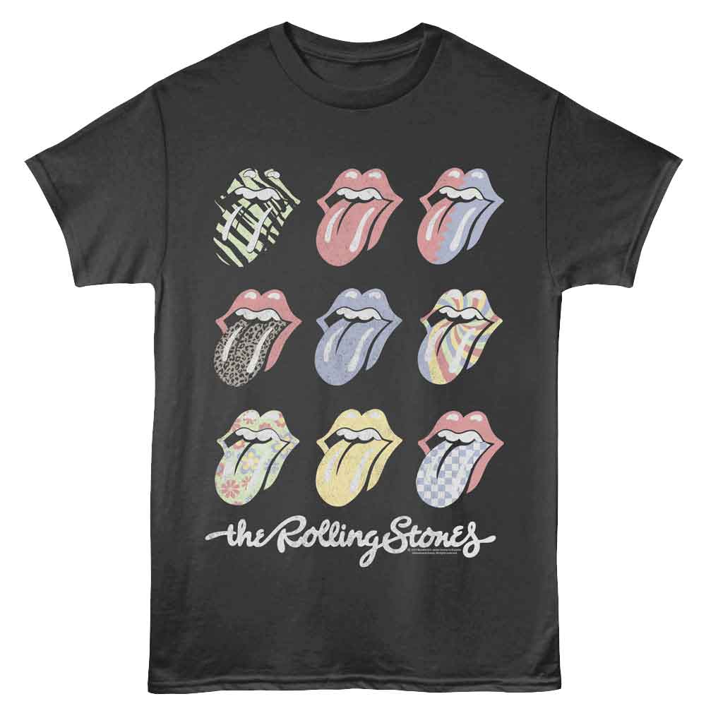 Black T-shirt featuring multiple Rolling Stones tongue logos in assorted pastel and patterned designs.