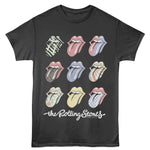 Black T-shirt featuring multiple Rolling Stones tongue logos in assorted pastel and patterned designs.