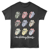 Black T-shirt featuring multiple Rolling Stones tongue logos in assorted pastel and patterned designs.