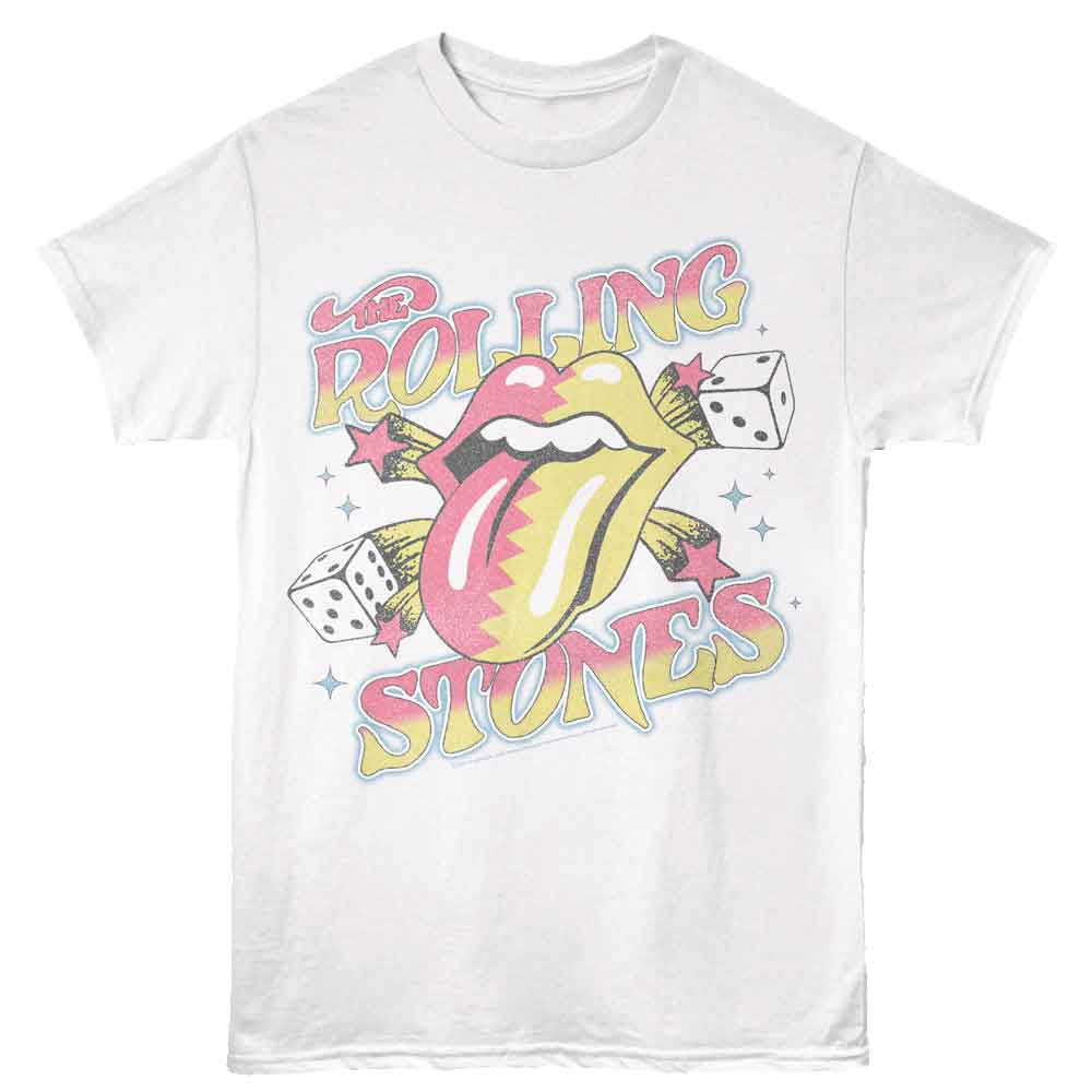 White T-shirt featuring a pastel Rolling Stones tongue logo with dice and retro lettering.
