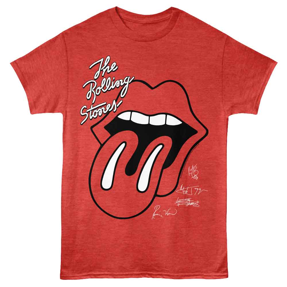 Red T-shirt featuring The Rolling Stones tongue logo with classic script lettering and vintage-style autograph details.