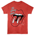 Red T-shirt featuring The Rolling Stones tongue logo with classic script lettering and vintage-style autograph details.
