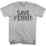 Ferris Bueller's Day Off T-shirt featuring the iconic Save Ferris slogan in distressed lettering