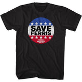 Black T-shirt featuring a red, white, and blue “Save Ferris” button-style graphic from Ferris Bueller’s Day Off.