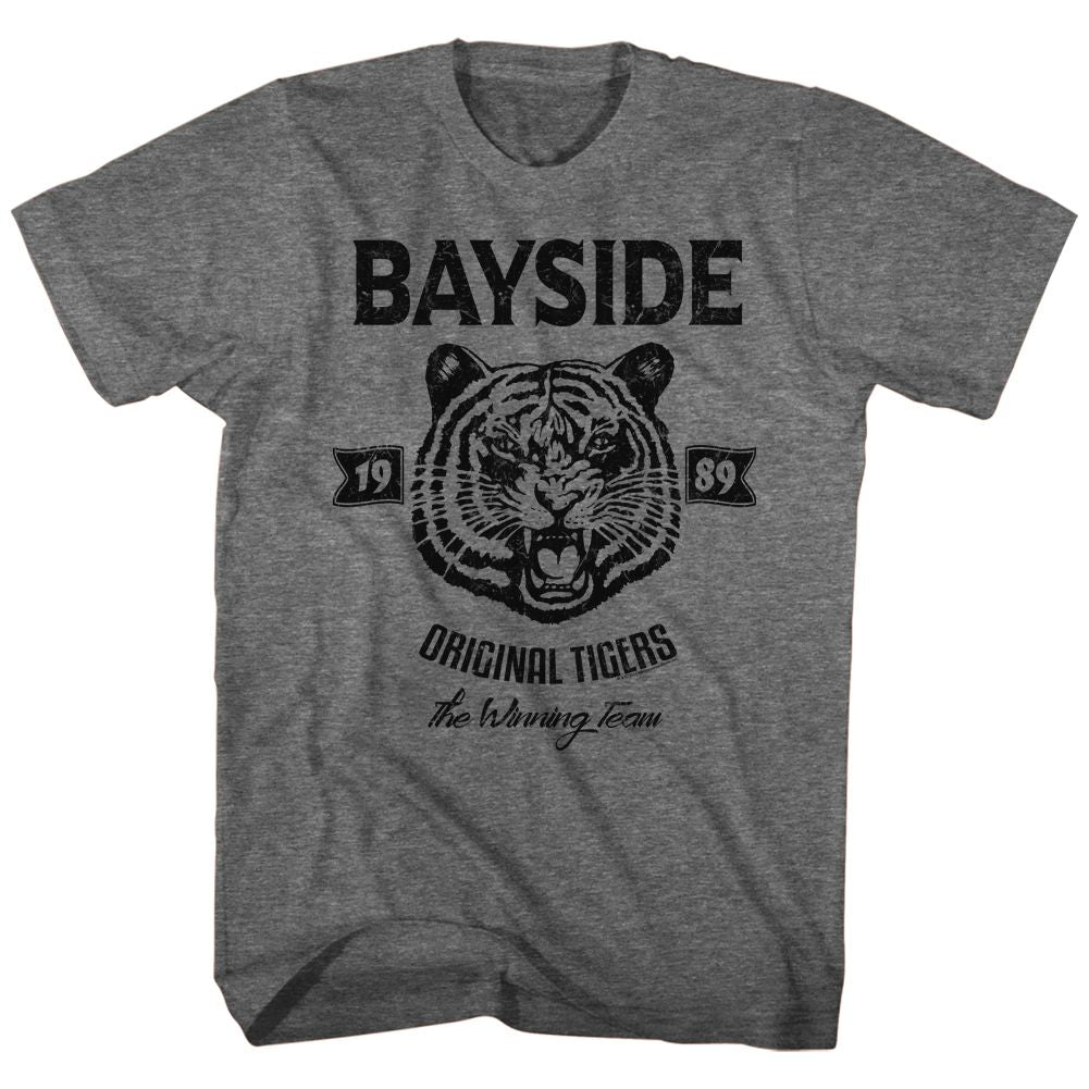 Heather grey T-shirt featuring a distressed black graphic of a roaring tiger with the text “Bayside,” “1989,” “Original Tigers,” and “The Winning Team.”