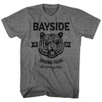 Heather grey T-shirt featuring a distressed black graphic of a roaring tiger with the text “Bayside,” “1989,” “Original Tigers,” and “The Winning Team.”