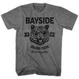 Heather grey T-shirt featuring a distressed black graphic of a roaring tiger with the text “Bayside,” “1989,” “Original Tigers,” and “The Winning Team.”