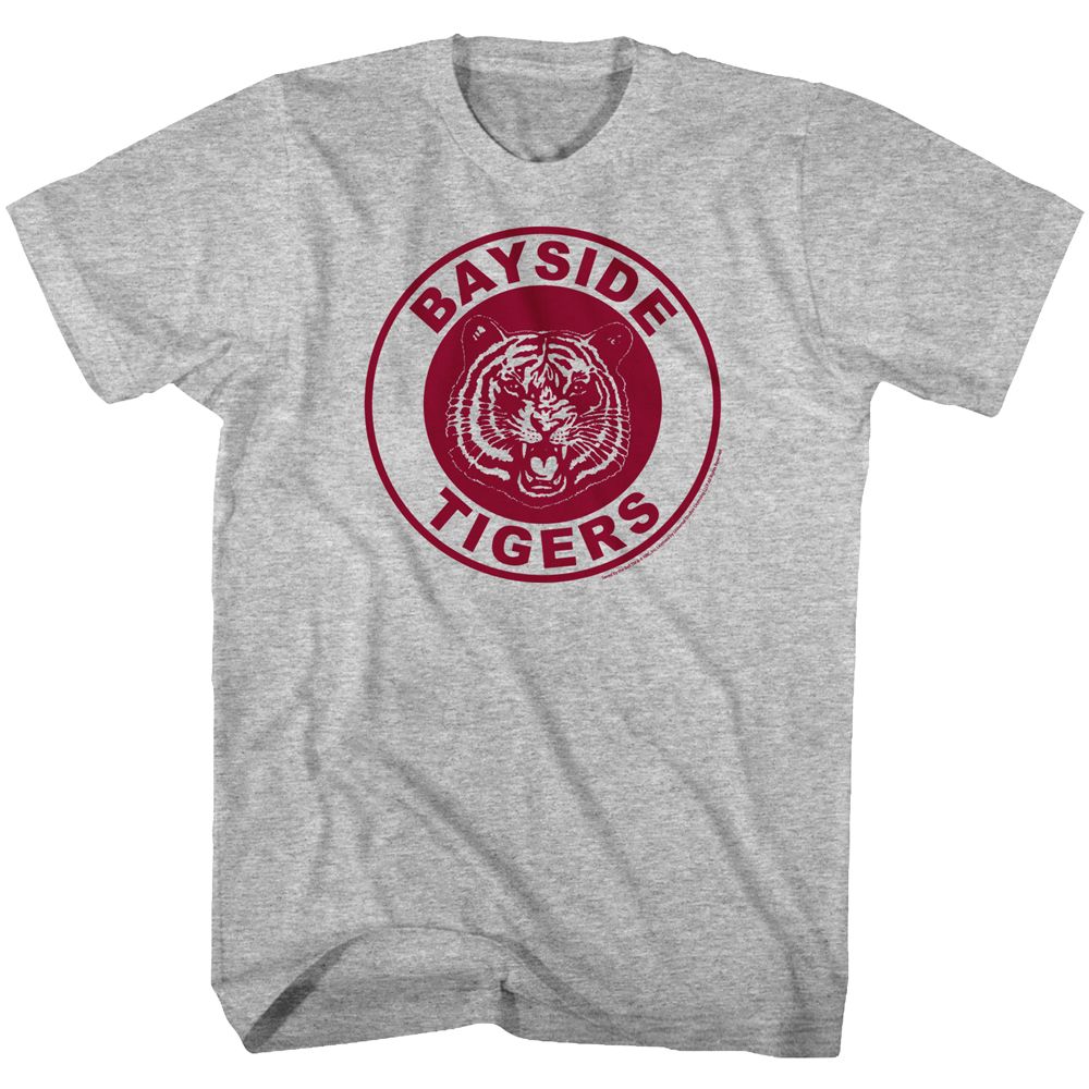 Heather grey T-shirt featuring a maroon circular crest with a roaring tiger graphic and the text “Bayside Tigers.”