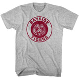 Heather grey T-shirt featuring a maroon circular crest with a roaring tiger graphic and the text “Bayside Tigers.”