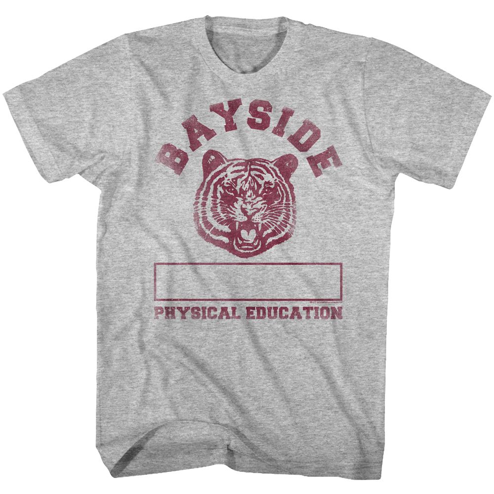 Heather grey T-shirt featuring a maroon roaring tiger graphic with the text “Bayside” above it and “Physical Education” below, with a blank name box in the center.