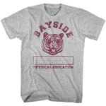 Heather grey T-shirt featuring a maroon roaring tiger graphic with the text “Bayside” above it and “Physical Education” below, with a blank name box in the center.