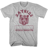 Heather grey T-shirt featuring a maroon roaring tiger graphic with the text “Bayside” above it and “Physical Education” below, with a blank name box in the center.