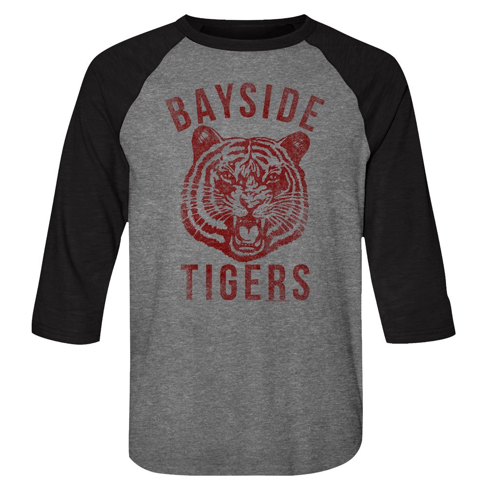 Grey and black raglan baseball shirt featuring a distressed red Bayside Tigers logo with a roaring tiger graphic and bold text.