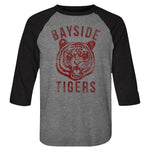 Grey and black raglan baseball shirt featuring a distressed red Bayside Tigers logo with a roaring tiger graphic and bold text.