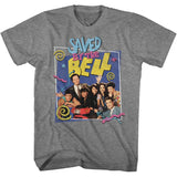 Grey T-shirt featuring the Saved by the Bell cast with colorful 90s-style swirls, squiggles, and the show’s bold logo above the group photo.