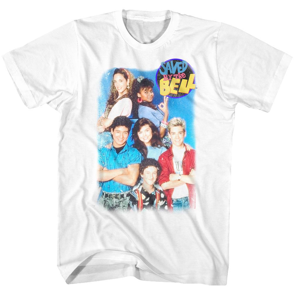White T-shirt featuring a bright group photo of the Saved by the Bell cast, including Jessie, Lisa, Kelly, Slater, Zack, and Screech, with the colorful Saved by the Bell logo in the top right corner.