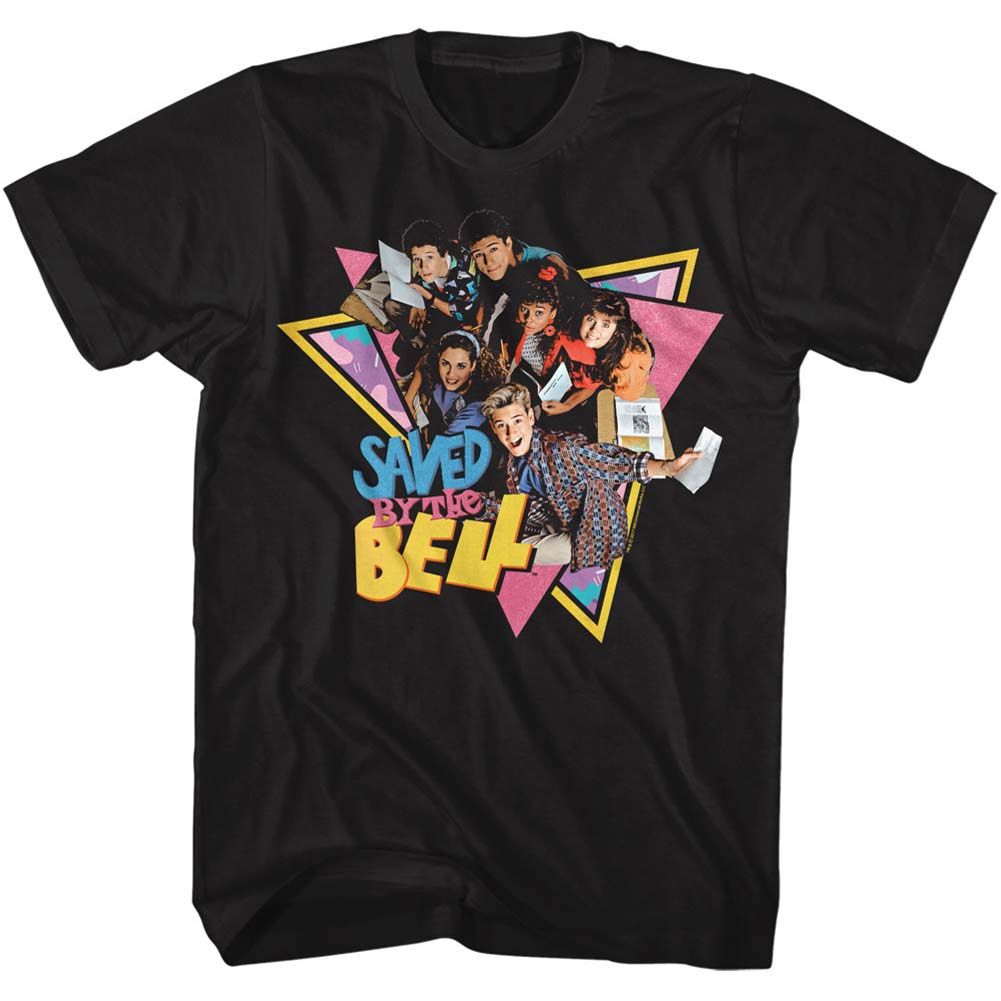 Black T-shirt featuring the Saved by the Bell cast holding envelopes in a colorful 90s-style geometric graphic with the show’s logo underneath.
