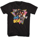 Black T-shirt featuring the Saved by the Bell cast holding envelopes in a colorful 90s-style geometric graphic with the show’s logo underneath.