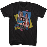 Black T-shirt featuring a retro group photo of the Saved by the Bell cast with colorful 90s geometric accents.