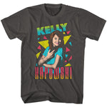 Black T-shirt featuring a vibrant retro graphic of Kelly Kapowski surrounded by yellow, pink, and teal geometric shapes, with her name in bold colorful text.