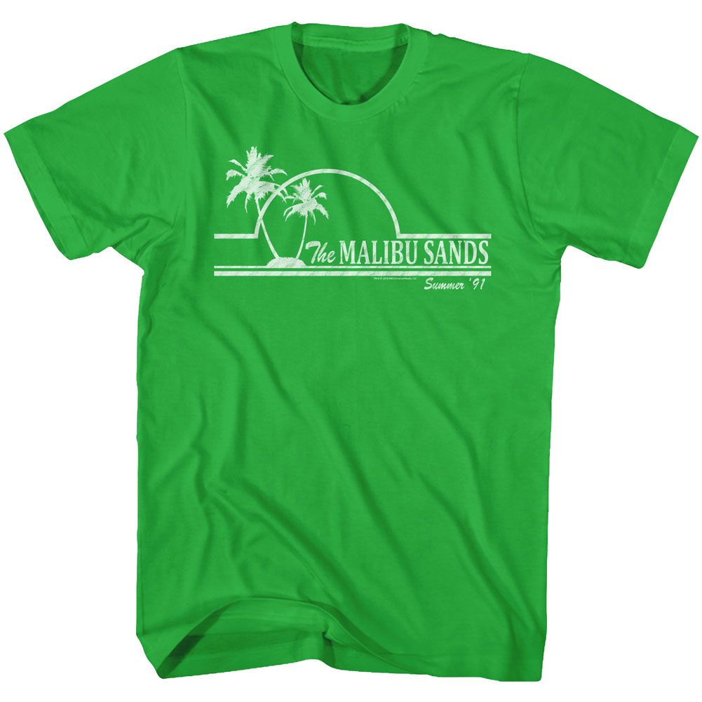 Green Saved by the Bell T-shirt featuring The Malibu Sands Summer ’91 graphic with palm trees