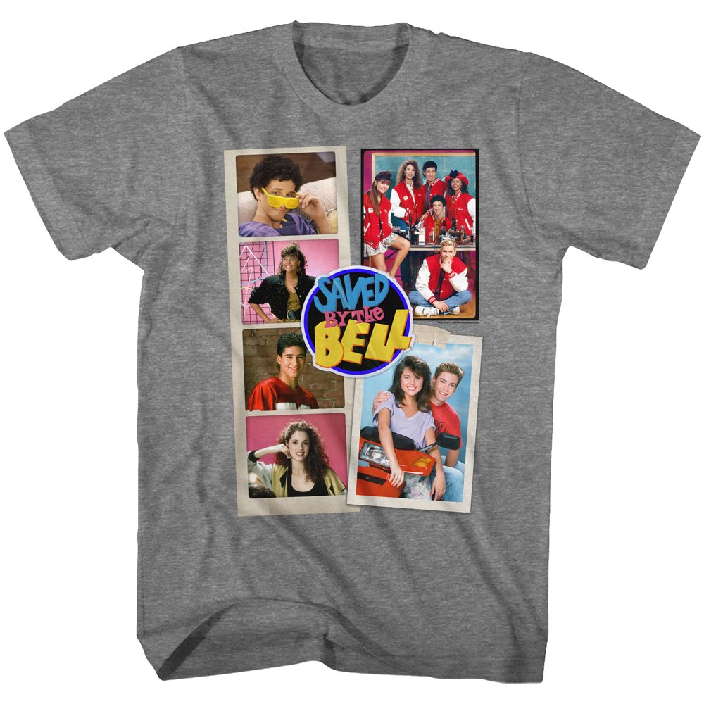 Grey T-shirt featuring a colorful photo collage of the Saved by the Bell cast, including Zack, Kelly, Slater, Jessie, Lisa, and Screech, with the iconic Saved by the Bell logo in the center.