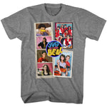 Grey T-shirt featuring a colorful photo collage of the Saved by the Bell cast, including Zack, Kelly, Slater, Jessie, Lisa, and Screech, with the iconic Saved by the Bell logo in the center.