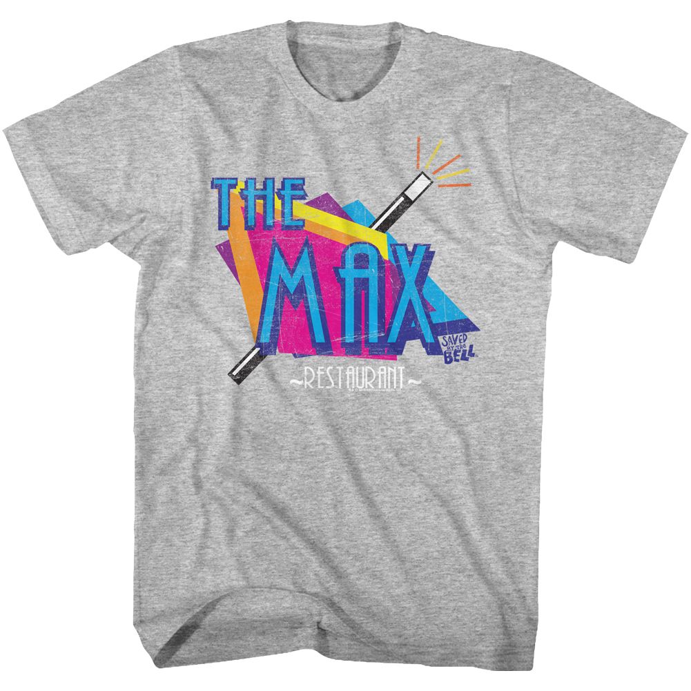 Grey T-shirt featuring a colorful retro graphic of The Max restaurant logo from Saved by the Bell, with bold geometric shapes and the Saved by the Bell mark.